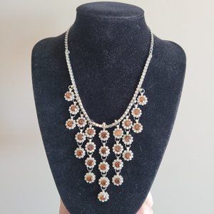 Vintage Clear Rhinestone Drop Glam Choker Cascading Necklace Silver Tone